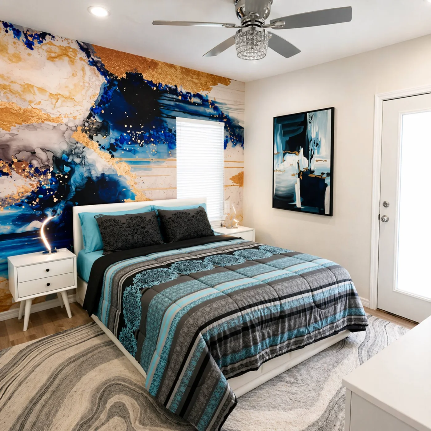 Dormitorio con mural de olas