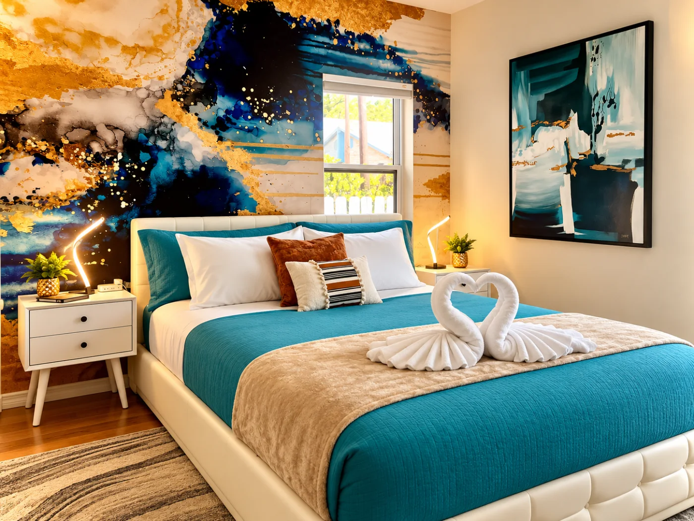 Dormitorio con mural dorado y azul y toallas en forma de cisne